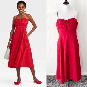A New Day Bow Midi Dress in Red with Pockets, Size 8